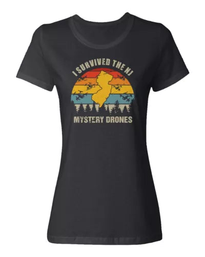 Ladies' dark crewneck T-shirt with retro landscape mystery drones graphic
