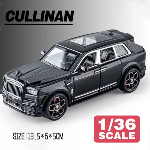 1/36 scale diecast SUV toy car in dark black, metal alloy, front 3/4 view