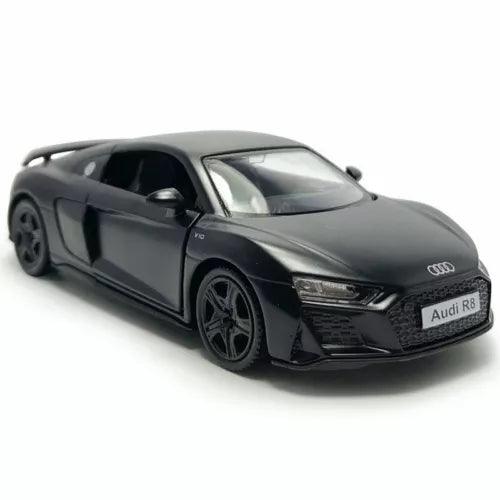 1:36 matte black diecast model car, front three-quarter view, detailed wheels