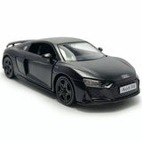 1:36 matte black diecast model car, front three-quarter view, detailed wheels