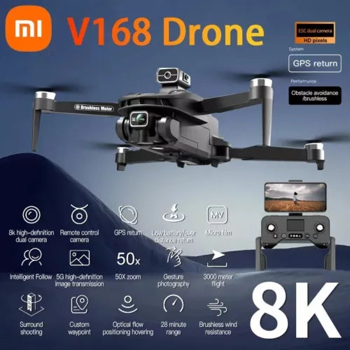 Dark gray quadcopter GPS drone with front camera and four rotor arms