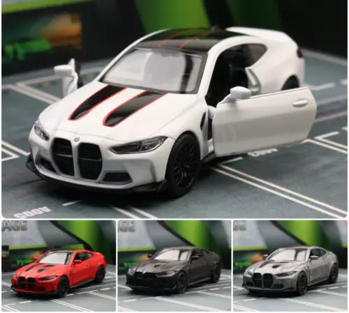 BMW M4 CSL 1:36 diecast model car in white, front view, open driver door