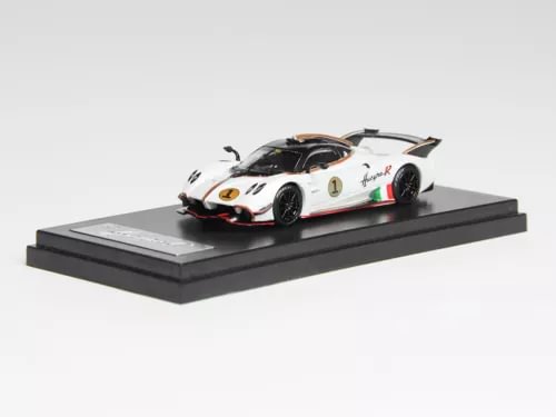 1:64 diecast sports car model in pearl white with black hood and racing stripes