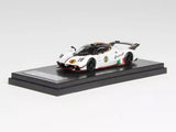 1:64 diecast sports car model in pearl white with black hood and racing stripes