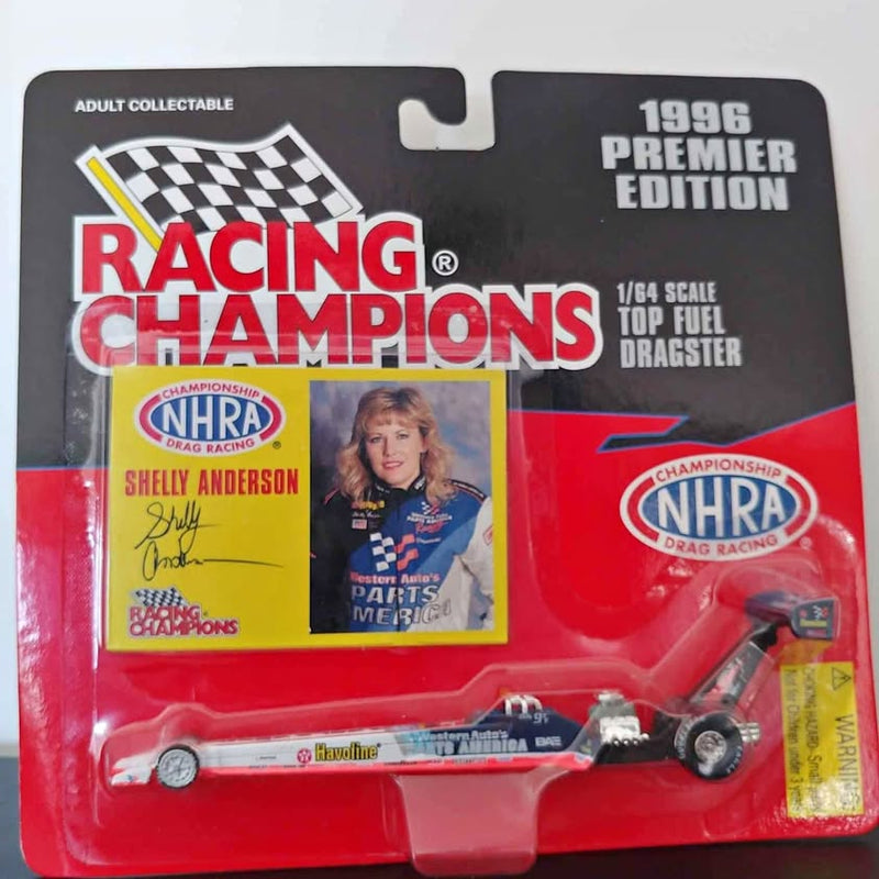 Red 1/64 top fuel dragster diecast model in blister pack, 1996 Premiere Edition