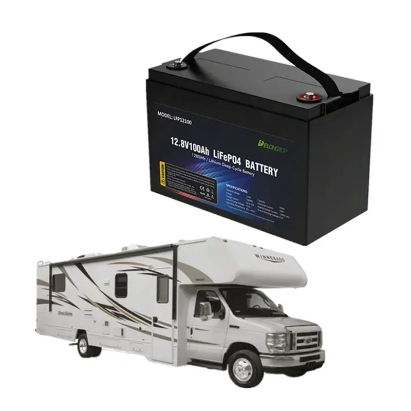 Black LiFePO4 deep cycle 12.8V 100Ah battery pack with top carrying handle and label
