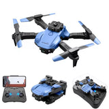 Light blue and black mini quadcopter drone with 4 propellers and remote controller