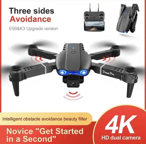Gray dual-camera quadcopter drone with obstacle sensors, front view