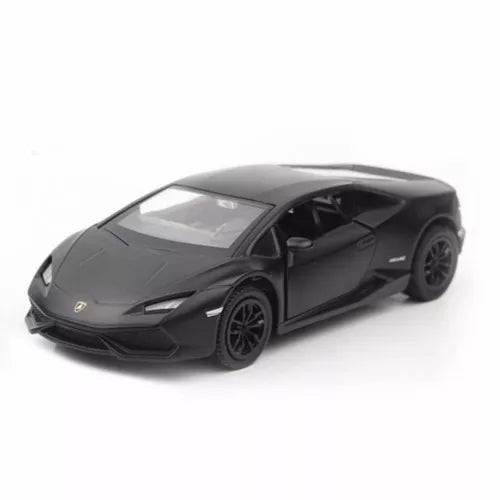 Diecast model car with open doors, dark gray, black wheels