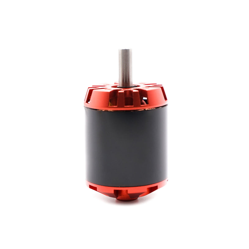 Brushless DC motor with black cylindrical body, red end cap, and metal shaft