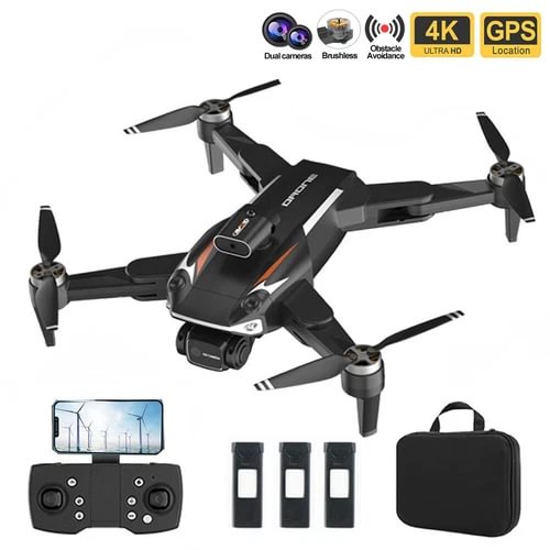 RC quadcopter drone with camera, black controller, spare prop blades, and carrying case