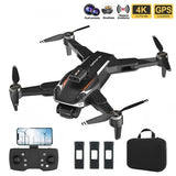 RC quadcopter drone with camera, black controller, spare prop blades, and carrying case
