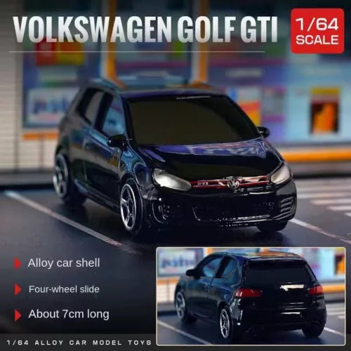 Black Volkswagen Golf GTI 1/64 diecast hatchback car toy, front 3/4 view