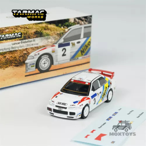 Tarmac Works 1:64 Lancer Evolution III diecast model car, white with #2 racing decals