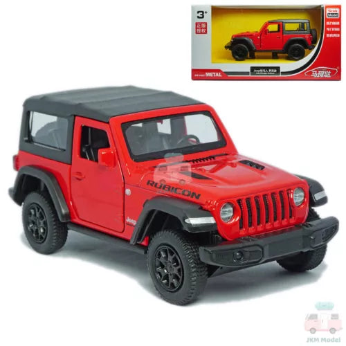 Red Jeep Rubicon soft-top diecast toy car with black wheels, front view