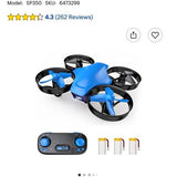 Blue mini quadcopter drone with black prop guards and remote controller