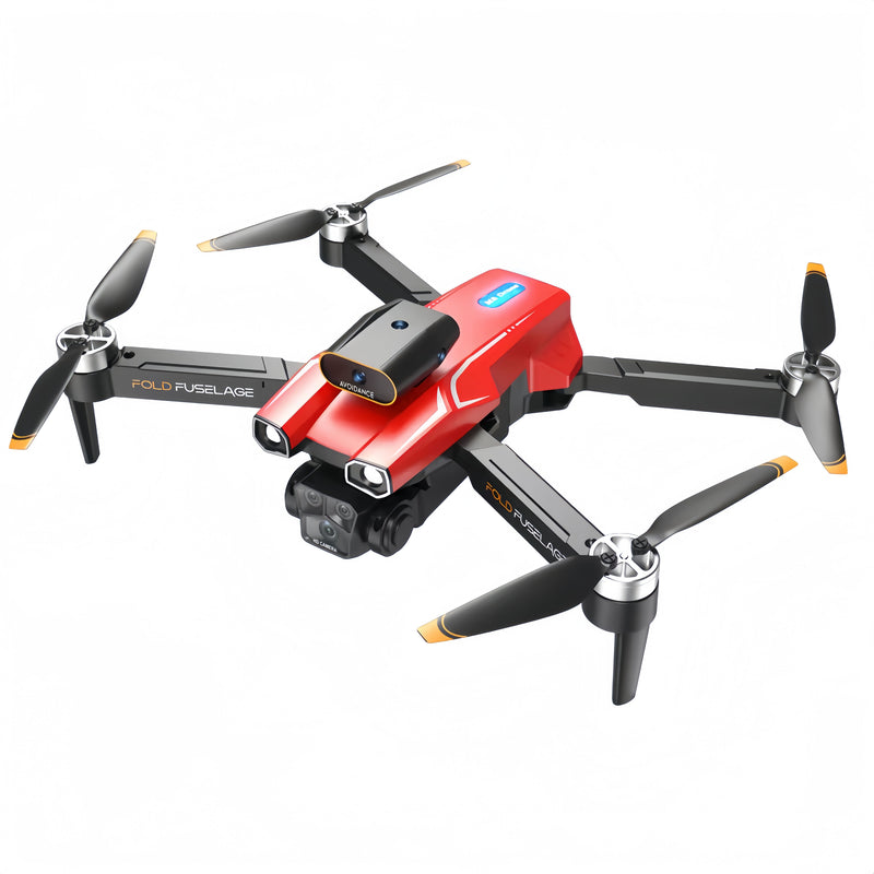 Red quadcopter drone with four propellers and front camera module