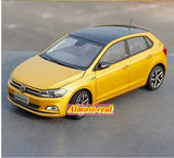 1:18 scale yellow Volkswagen Polo Plus diecast model car, front 3/4 view
