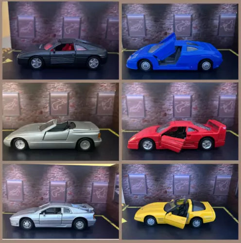 Diecast sports car collection with black, blue, silver, red, and yellow models