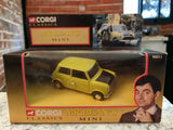 Corgi Mr Bean mini diecast toy car, yellow in display box with Mr Bean face
