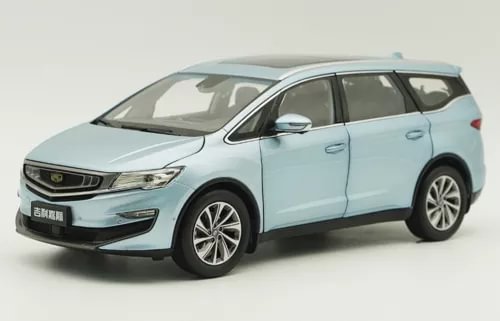 1/18 scale blue Geely Jiaji MPV diecast car model, front three-quarter view