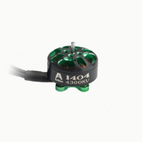 A1404 brushless motor with green stator, A 1404 4300KV label, and wire leads