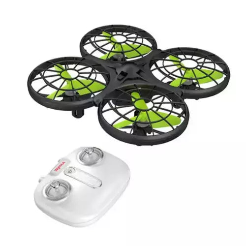 Mini quadcopter drone with four green propellers and white handheld controller