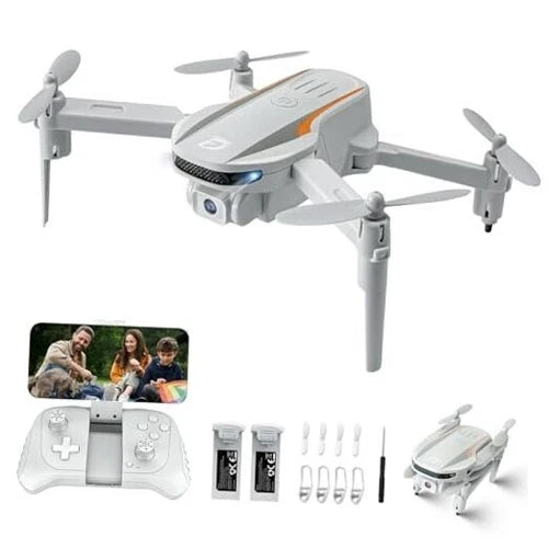 Foldable mini drone with front camera, gray body and four propellers, plus controller and parts