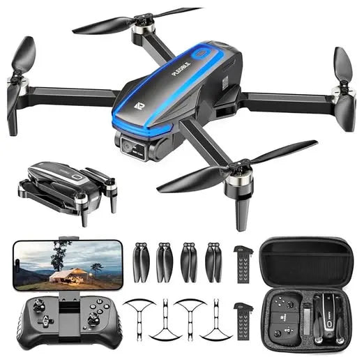 Camera drone kit with quadcopter, remote controller, phone mount, propellers, and carrying case