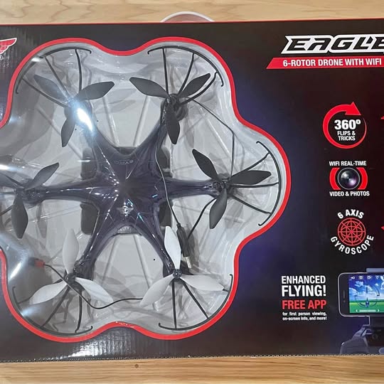 WiFi camera drone box with six propellers visible through clear window