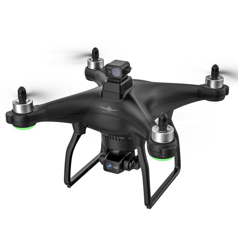 Foldable quadcopter drone with HD camera and four propeller arms, dark gray body
