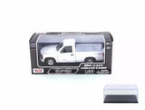 Diecast pickup truck in display case, white cab with dark grille