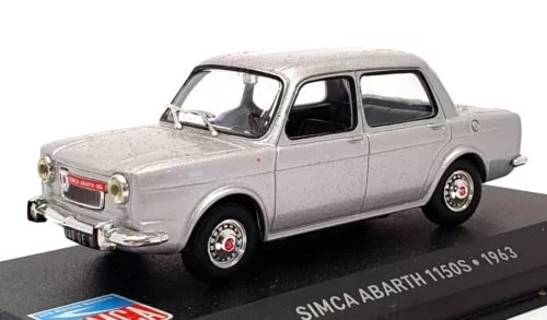 Silver diecast Simca Abarth 1150S car model, front three-quarter view