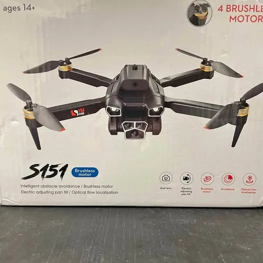 Drone quadcopter with four propellers and front camera on retail box