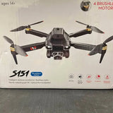 Drone quadcopter with four propellers and front camera on retail box