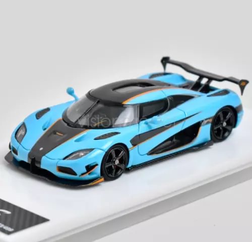 1:64 blue and black race car model with rear spoiler and detailed wheels