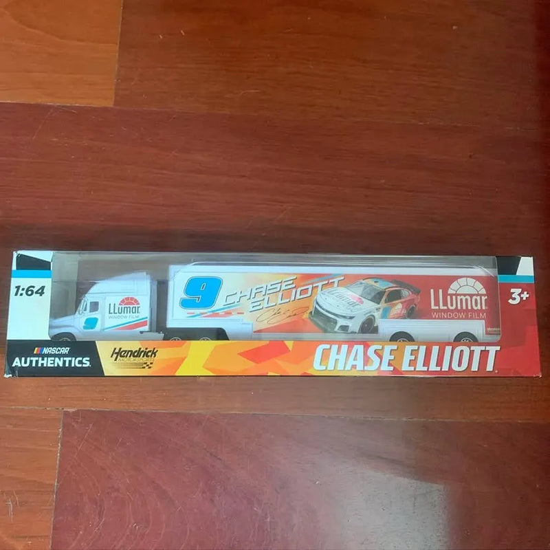 1:64 diecast Chase Elliott #9 trailer hauler in retail box with LLumar branding