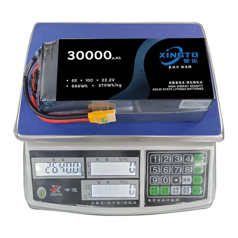 Li-ion battery pack with 30000mAh label, blue housing and balance connector