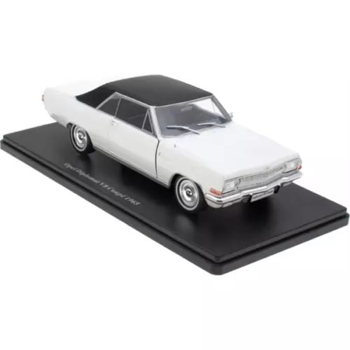 White 1:24 scale diecast car model, classic coupe on black display base