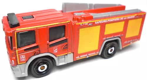 Red fire truck diecast with orange side panel, black wheels, open detailing