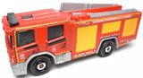 Red fire truck diecast with orange side panel, black wheels, open detailing