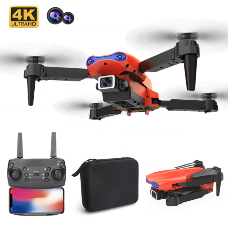 Mini folding quadcopter drone with 4K camera, orange body and black arms