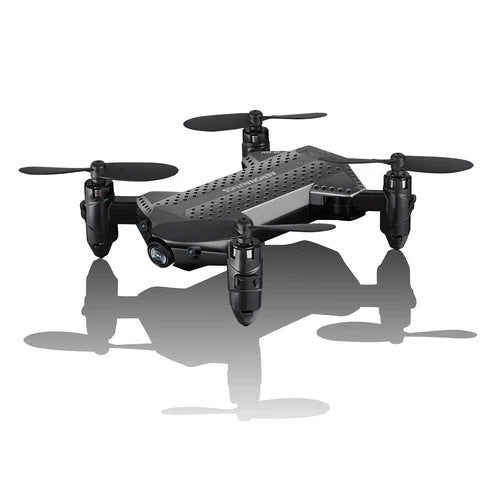 Black quadcopter drone with four rotors and front camera lens.