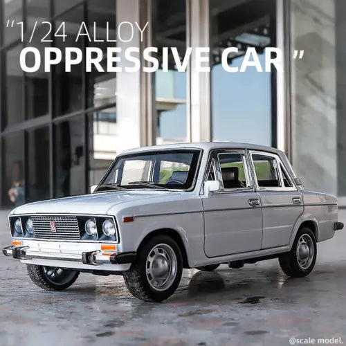 1:24 alloy diecast model car, gray classic sedan with grille and headlights.