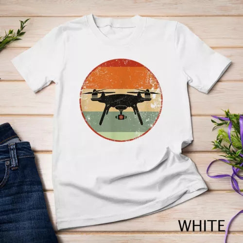 Unisex white T-shirt with large circular drone graphic and pilot silhouette