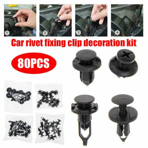 Car rivet fixing clip decoration kit, 80-piece set with black fasteners and pins