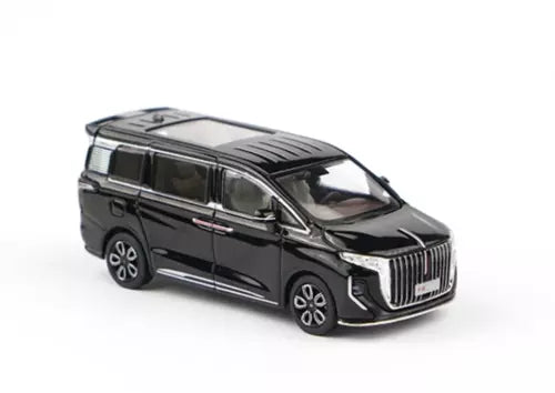 Black diecast mini van model with chrome grille, side doors, and detailed wheels