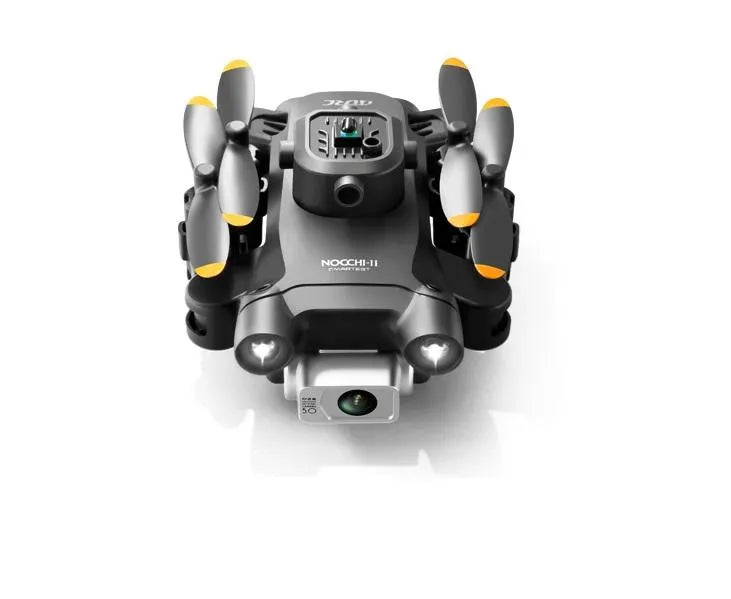 Kids toy quadcopter drone with front dual camera, yellow prop guards.