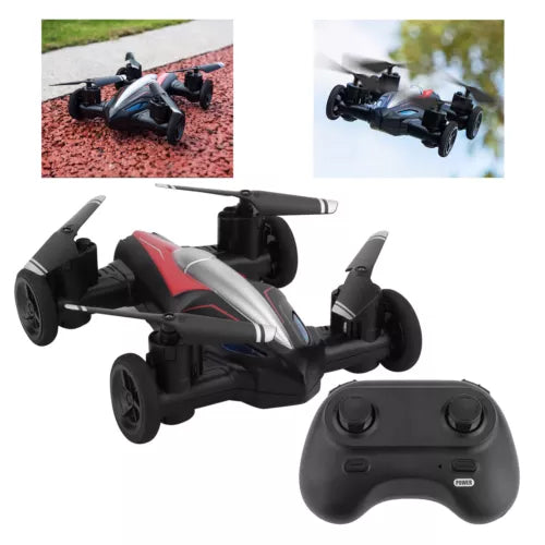 2-in-1 drone car with remote controller, black body with red accents, four wheels