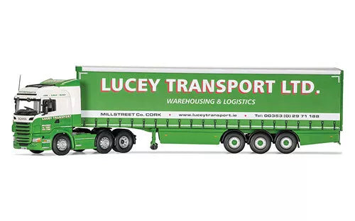 Green curtainside diecast truck model with LUCEY TRANSPORT LTD trailer